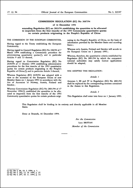 Commission Regulation (EC) No 3087/94 of 16 December 1994 amending Regulation (EC) no 2801/94 establishing the quantities to be allocated to importers from the first tranche of the 1995 Community quantitative quotas on certain products originating in the people's Republic of China