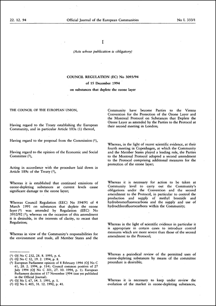 Council Regulation (EC) No 3093/94 of 15 December 1994 on substances that deplete the ozone layer (repealed)