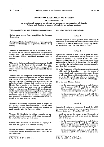 Commission Regulation (EC) No 3108/94 of 19 December 1994 on transitional measures to be adopted on account of the accession of Austria, Finland and Sweden in respect of trade in agricultural products