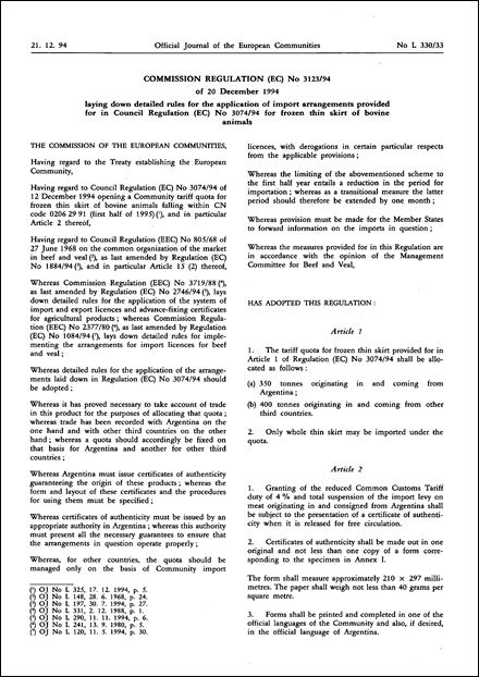 Commission Regulation (EC) No 3123/94 of 20 December 1994 laying down detailed rules for the application of import arrangements provided for in Council Regulation (EC) No 3074/94 for frozen thin skirt of bovine animals