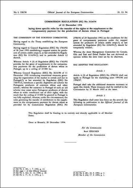 Commission Regulation (EC) No 3124/94 of 20 December 1994 laying down specific rules for the transfer of the rights to the supplement to the compensatory payment for the production of durum wheat in Portugal