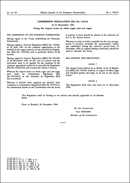 Commission Regulation (EC) No 3132/94 of 20 December 1994 fixing the import levies on white sugar and raw sugar