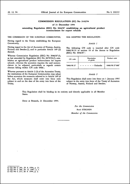 Commission Regulation (EC) No 3142/94 of 21 December 1994 amending Regulation (EEC) No 3846/87 establishing an agricultural product nomenclature for export refunds