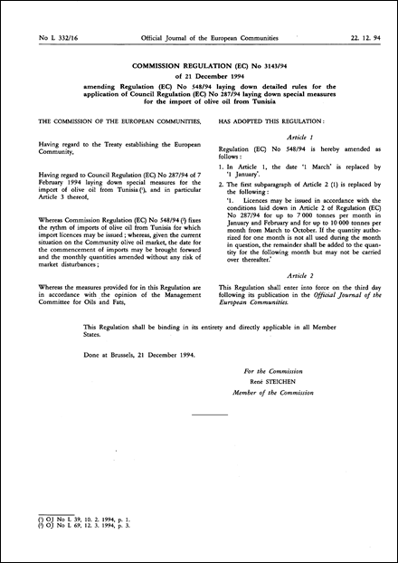 Commission Regulation (EC) No 3143/94 of 21 December 1994 amending Regulation (EC) No 548/94 laying down detailed rules for the application of Council Regulation (EC) No 287/94 laying down special measures for the import of olive oil from Tunisia