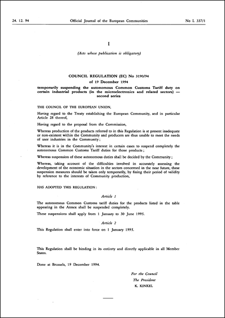 Council Regulation (EC) No 3190/94 of 19 December 1994 temporarily suspending the autonomous common customs tariff duty on certain industrial products (in the microelectronics and related sectors) ¯ second series