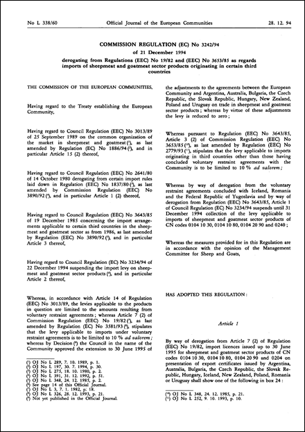 Commission Regulation (EC) No 3242/94 of 21 December 1994 derogating from Regulations (EEC) No 19/82 and (EEC) No 3653/85 as regards imports of sheepmeat and goatmeat sector products originating in certain third countries