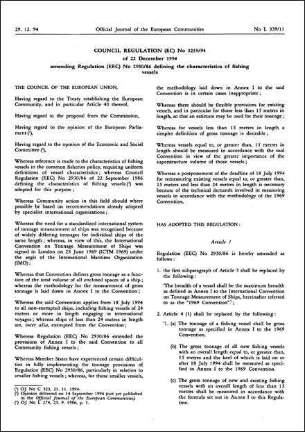 Council Regulation (EC) No 3259/94 of 22 December 1994 amending Regulation (EEC) No 2930/86 defining the characteristics of fishing vessels