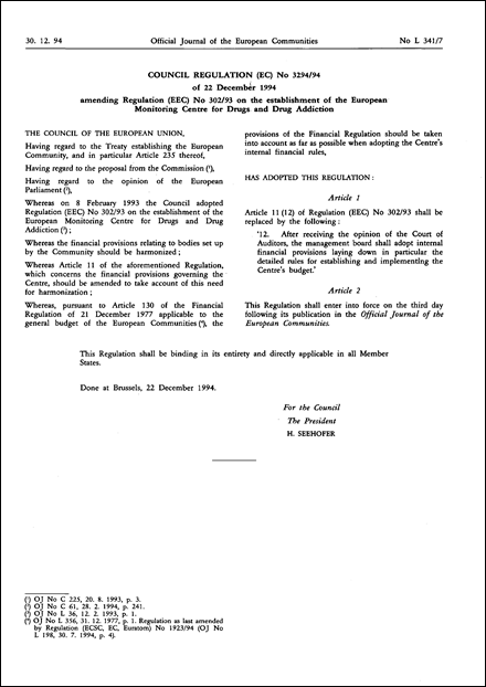 Council Regulation (EC) No 3294/94 of 22 December 1994 amending Regulation (EEC) No 302/93 on the establishment of the European Monitoring Centre for Drugs and Drug Addiction