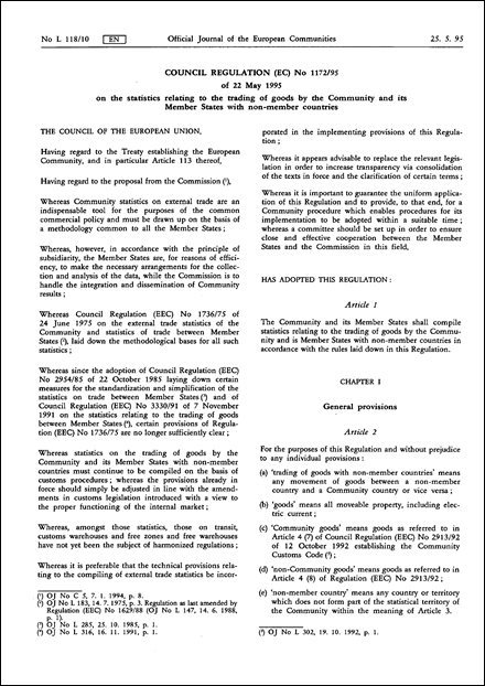 Council Regulation (EC) No 1172/95 of 22 May 1995 on the statistics relating to the trading of goods by the Community and its Member States with non-member countries (repealed)