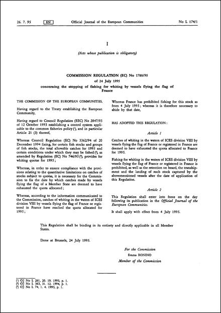 Commission Regulation (EC) No 1788/95 of 24 July 1995 concerning the stopping of fishing for whiting by vessels flying the flag of France (repealed)