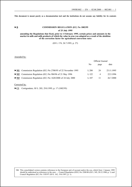 Commission Regulation (EC) No 1802/95 of 25 July 1995 amending the Regulations that fixed, prior to 1 February 1995, certain prices and amounts in the market in milk and milk products of which the value in ecus was adapted as a result of the abolition of the correction factor for agricultural conversion rates