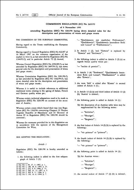 Commission Regulation (EC) No 2603/95 of 8 November 1995 amending Regulation (EEC) No 3201/90 laying down detailed rules for the description and presentation of wines and grape musts