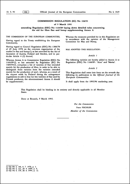 COMMISSION REGULATION (EC) No 528/95 of 9 March 1995 amending Regulation (EEC) No 1164/89 laying down detailed rules concerning the aid for fibre flax and hemp supplementing Annex A