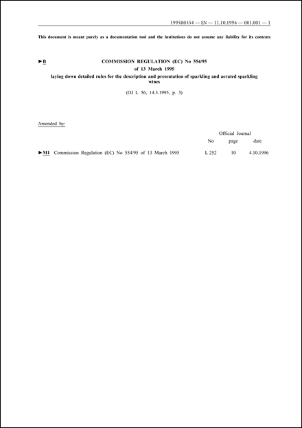 Commission Regulation (EC) No 554/95 of 13 March 1995 laying down detailed rules for the description and presentation of sparkling and aerated sparkling wines (repealed)