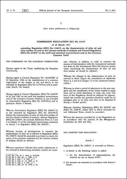 Commission Regulation (EC) No 656/95 of 28 March 1995 amending Regulation (EEC) No 2568/91 on the characteristics of olive oil and olive-residue oil and on the relevant methods of analysis and Council Regulation (EEC) No 2658/87 on the tariff and statistical nomenclature and on the Common Customs Tariff