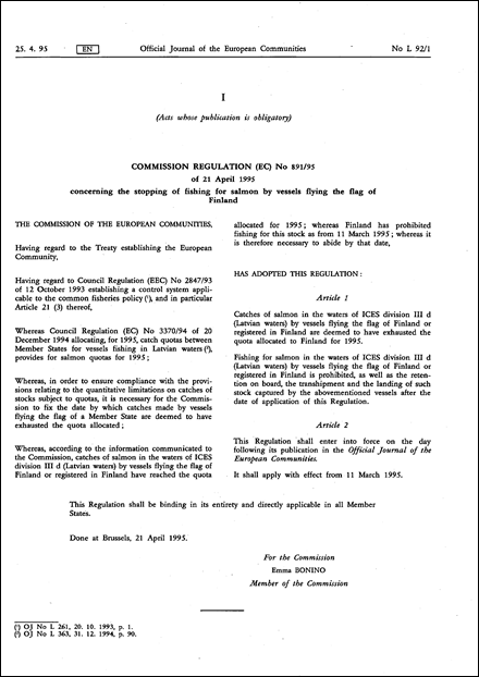 Commission Regulation (EC) No 891/95 of 21 April 1995 concerning the stopping of fishing for salmon by vessels flying the flag of Finland