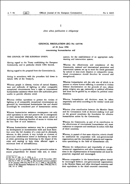 Council Regulation (EC) No 1257/96 of 20 June 1996 concerning humanitarian aid