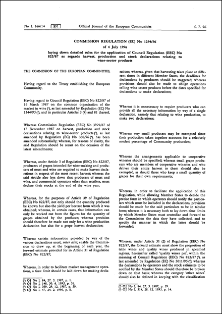 Commission Regulation (EC) No 1294/96 of 4 July 1996 laying down detailed rules for the application of Council Regulation (EEC) No 822/87 as regards harvest, production and stock declarations relating to wine- sector products