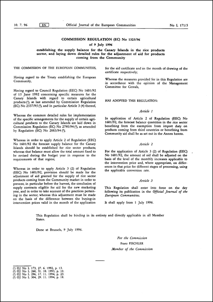 Commission Regulation (EC) No 1325/96 of 9 July 1996 establishing the supply balance for the Canary Islands in the rice products sector, and laying down detailed rules for the adjustment of aid for products coming from the Community (repealed)