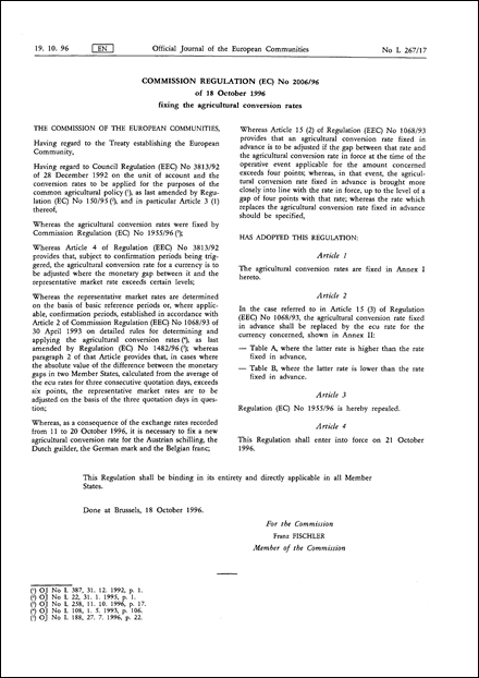 COMMISSION REGULATION (EC) No 2006/96 of 18 October 1996 fixing the agricultural conversion rates