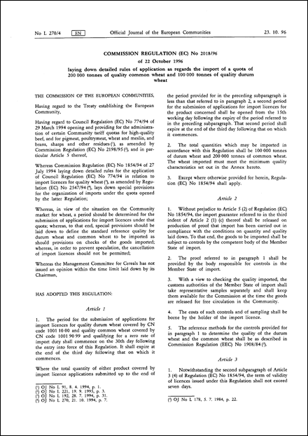 Commission Regulation (EC) No 2018/96 of 22 October 1996 laying down detailed rules of application as regards the import of a quota of 200 000 tonnes of quality common wheat and 100 000 tonnes of quality durum wheat