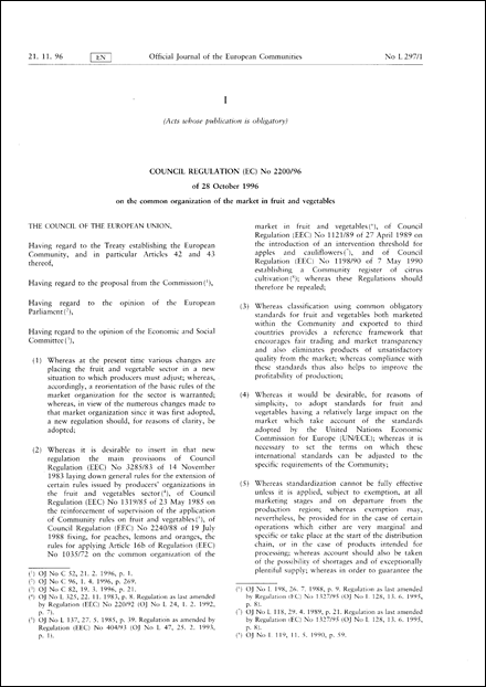 Council Regulation (EC) No 2200/96 of 28 October 1996 on the common organization of the market in fruit and vegetables (repealed)