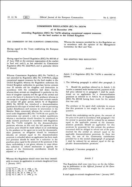 Commission Regulation (EC) No 2423/96 of 18 December 1996 amending Regulation (EEC) No 716/96 adopting exceptional support measures for the beef market in the United Kingdom