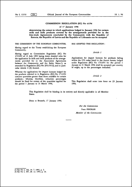 COMMISSION REGULATION (EC) No 61/96 of 17 January 1996 determining the extent to which applications lodged in January 1996 for certain milk and milk products covered by the arrangements provided for in the free-trade Agreements concluded by the Community with the Republic of Estonia, the Republic of Latvia and the Republic of Lithuania can be accepted