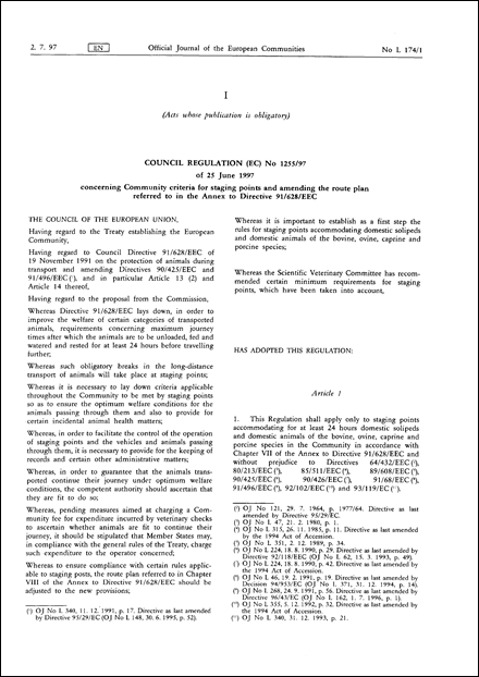 Council Regulation (EC) No 1255/97 of 25 June 1997 concerning Community criteria for staging points and amending the route plan referred to in the Annex to Directive 91/628/EEC