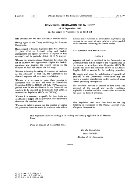COMMISSION REGULATION (EC) No 1895/97 of 29 September 1997 on the supply of vegetable oil as food aid
