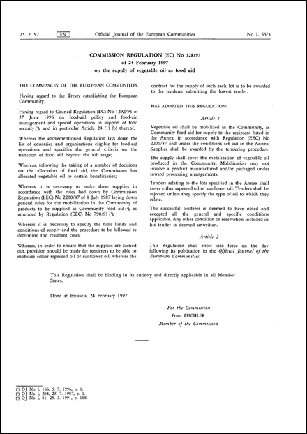 COMMISSION REGULATION (EC) No 328/97 of 24 February 1997 on the supply of vegetable oil as food aid