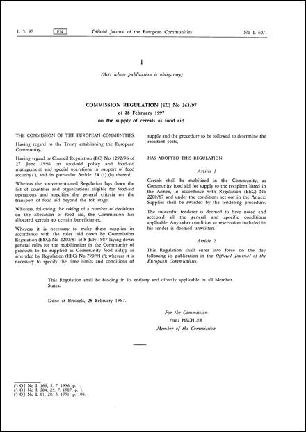 COMMISSION REGULATION (EC) No 363/97 of 28 February 1997 on the supply of cereals as food aid
