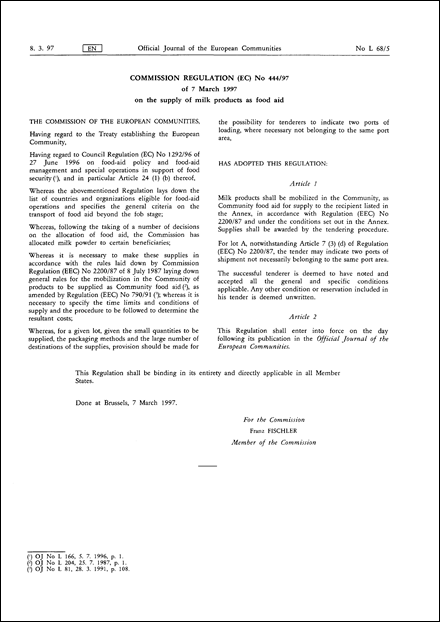 COMMISSION REGULATION (EC) No 444/97 of 7 March 1997 on the supply of milk products as food aid