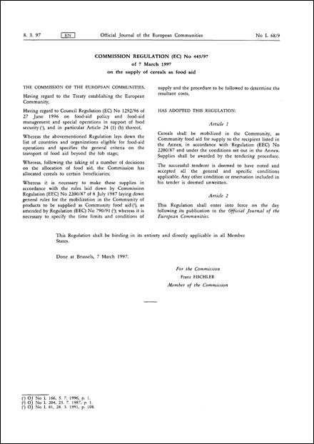 COMMISSION REGULATION (EC) No 445/97 of 7 March 1997 on the supply of cereals as food aid