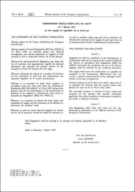 COMMISSION REGULATION (EC) No 446/97 of 7 March 1997 on the supply of vegetable oil as food aid