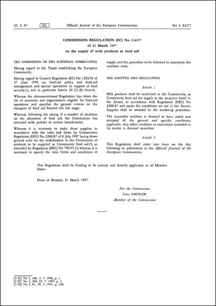 COMMISSION REGULATION (EC) No 516/97 of 21 March 1997 on the supply of milk products as food aid