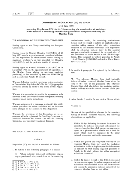 Commission Regulation (EC) No 1146/98 of 2 June 1998 amending Regulation (EC) No 541/95 concerning the examination of variations in the terms of a marketing authorisation granted by a competent authority of a Member State