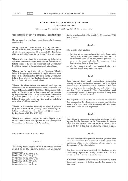 Commission Regulation (EC) No 2090/98 of 30 September 1998 concerning the fishing vessel register of the Community (repealed)