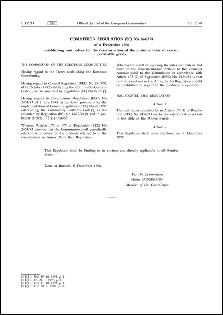 Commission Regulation (EC) No 2643/98 of 8 December 1998 establishing unit values for the determination of the customs value of certain perishable goods