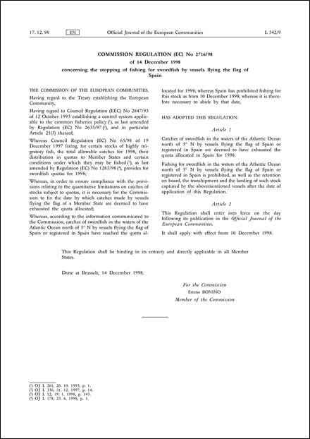 Commission Regulation (EC) No 2716/98 of 14 December 1998 concerning the stopping of fishing for swordfish by vessels flying the flag of Spain