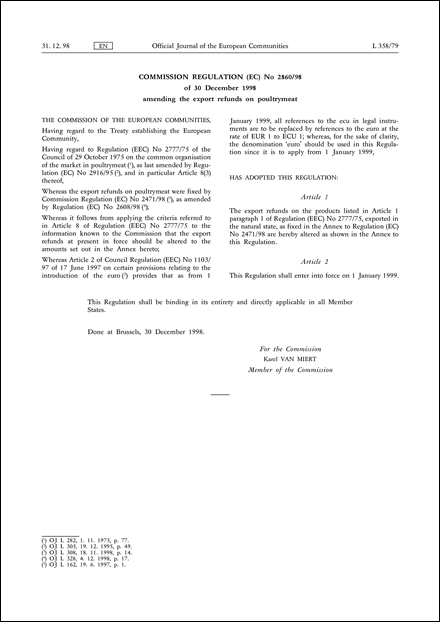 Commission Regulation (EC) No 2860/98 of 30 December 1998 amending the export refunds on poultrymeat