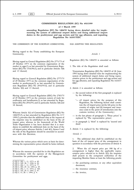 Commission Regulation (EC) No 493/1999 of 5 March 1999 amending Regulation (EC) No 1484/95 laying down detailed rules for implementing the system of additional import duties and fixing additional import duties in the poultrymeat and egg sectors and for egg albumin, and repealing Regulation No 163/67/EEC