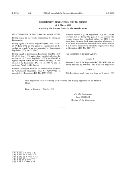 Commission Regulation (EC) No 501/1999 of 5 March 1999 amending the import duties in the cereals sector