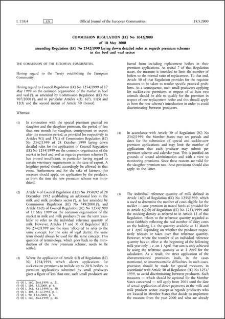 Commission Regulation (EC) No 1042/2000 of 18 May 2000 amending Regulation (EC) No 2342/1999 laying down detailed rules as regards premium schemes in the beef and veal sector