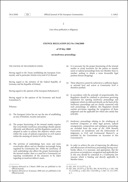Council regulation (EC) No 1346/2000 of 29 May 2000 on insolvency proceedings (repealed)