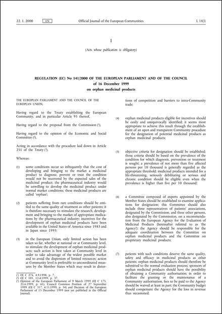 Regulation (EC) No 141/2000 of the European Parliament and of the Council of 16 December 1999 on orphan medicinal products