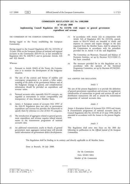 Commission Regulation (EC) No 1500/2000 of 10 July 2000 implementing Council Regulation (EC) No 2223/96 with respect to general government expenditure and revenue