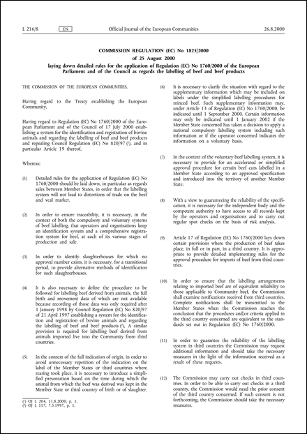 Commission Regulation (EC) No 1825/2000 of 25 August 2000 laying down detailed rules for the application of Regulation (EC) No 1760/2000 of the European Parliament and of the Council as regards the labelling of beef and beef products