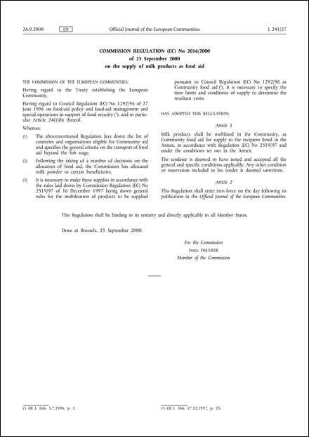 Commission Regulation (EC) No 2016/2000 of 25 September 2000 on the supply of milk products as food aid