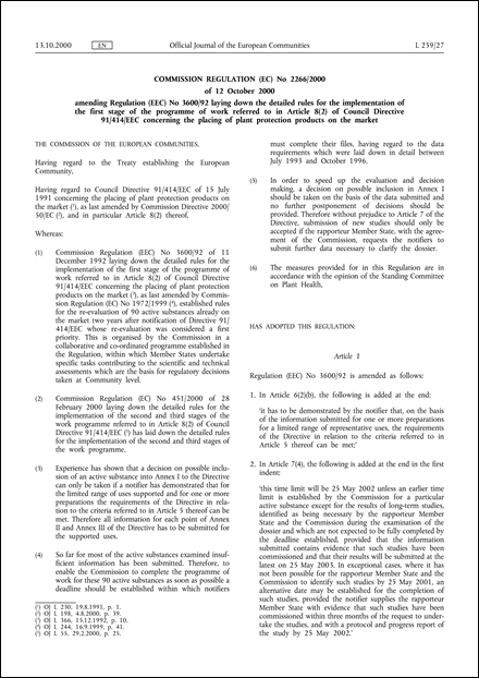Commission Regulation (EC) No 2266/2000 of 12 October 2000 amending Regulation (EEC) No 3600/92 laying down the detailed rules for the implementation of the first stage of the programme of work referred to in Article 8(2) of Council Directive 91/414/EEC concerning the placing of plant protection products on the market